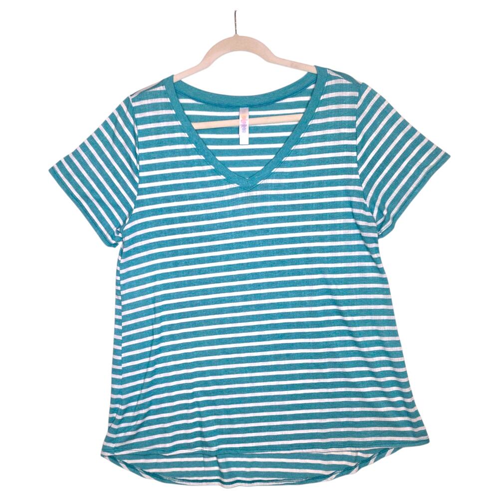 LuLaRoe Christy T L Teal White Stripe Women's Short Sleeve Tee Top Casual Summer